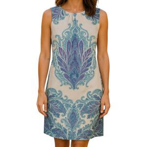 Monsoon Cream Purple Blue Paisley beaded Sleeveless Pleated Shift Dress Size 14